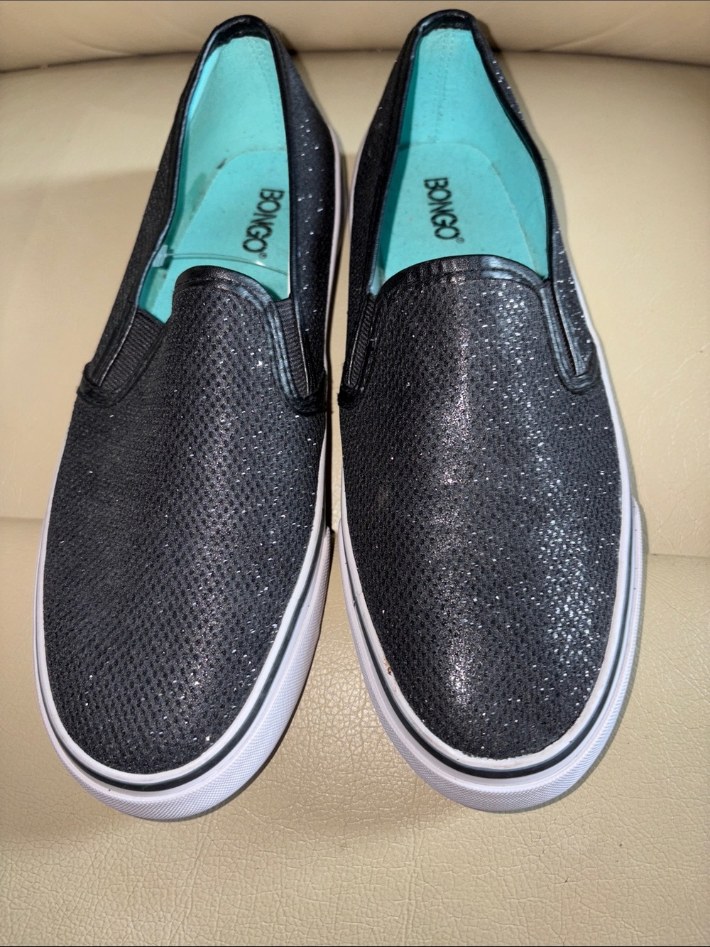 BONGO Black Glitter Slip-On Shoes with Teal Insoles